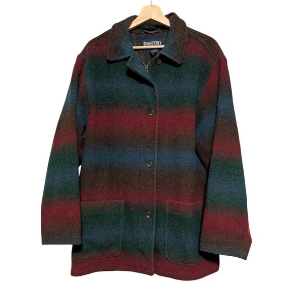 Vintage Lands End Chore Jacket Wool Blanket Stripe Women Size 20 Men Size 40R - Picture 1 of 9